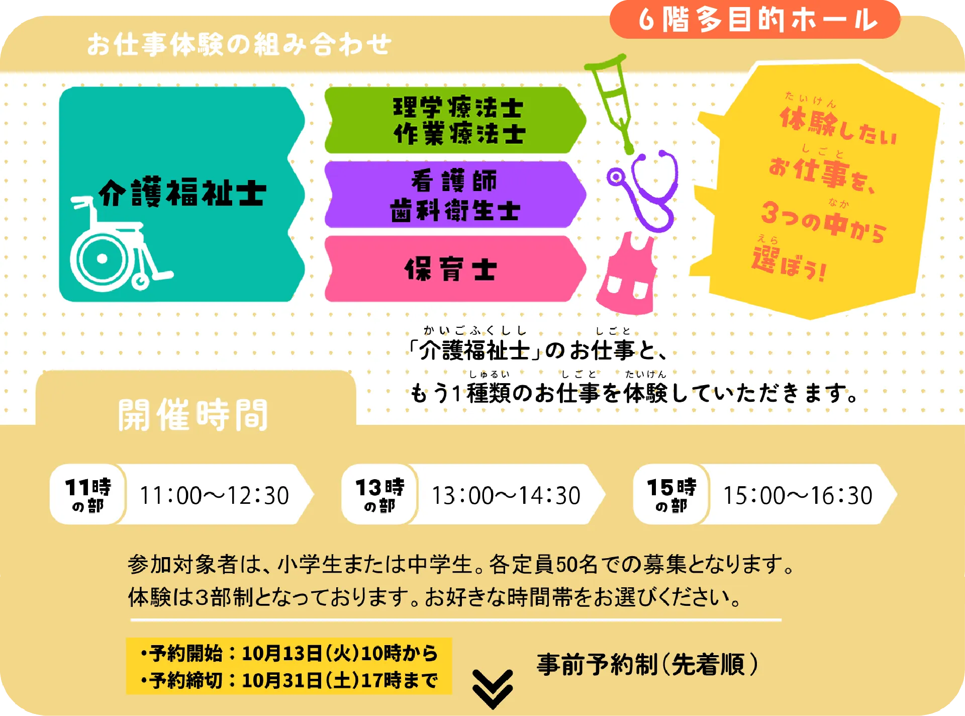 お仕事体験の組み合わせ:介護福祉士のお仕事と、理学療法士・作業療法士/看護師・歯科衛生士/保育士から1つを選んで体験。開催時間は11時・13時・15時の3部制。参加対象は小学生・中学生、各定員50名。予約開始10月13日(火)10時から、予約締切10月31日(土)17時まで。事前予約制(先着順)。