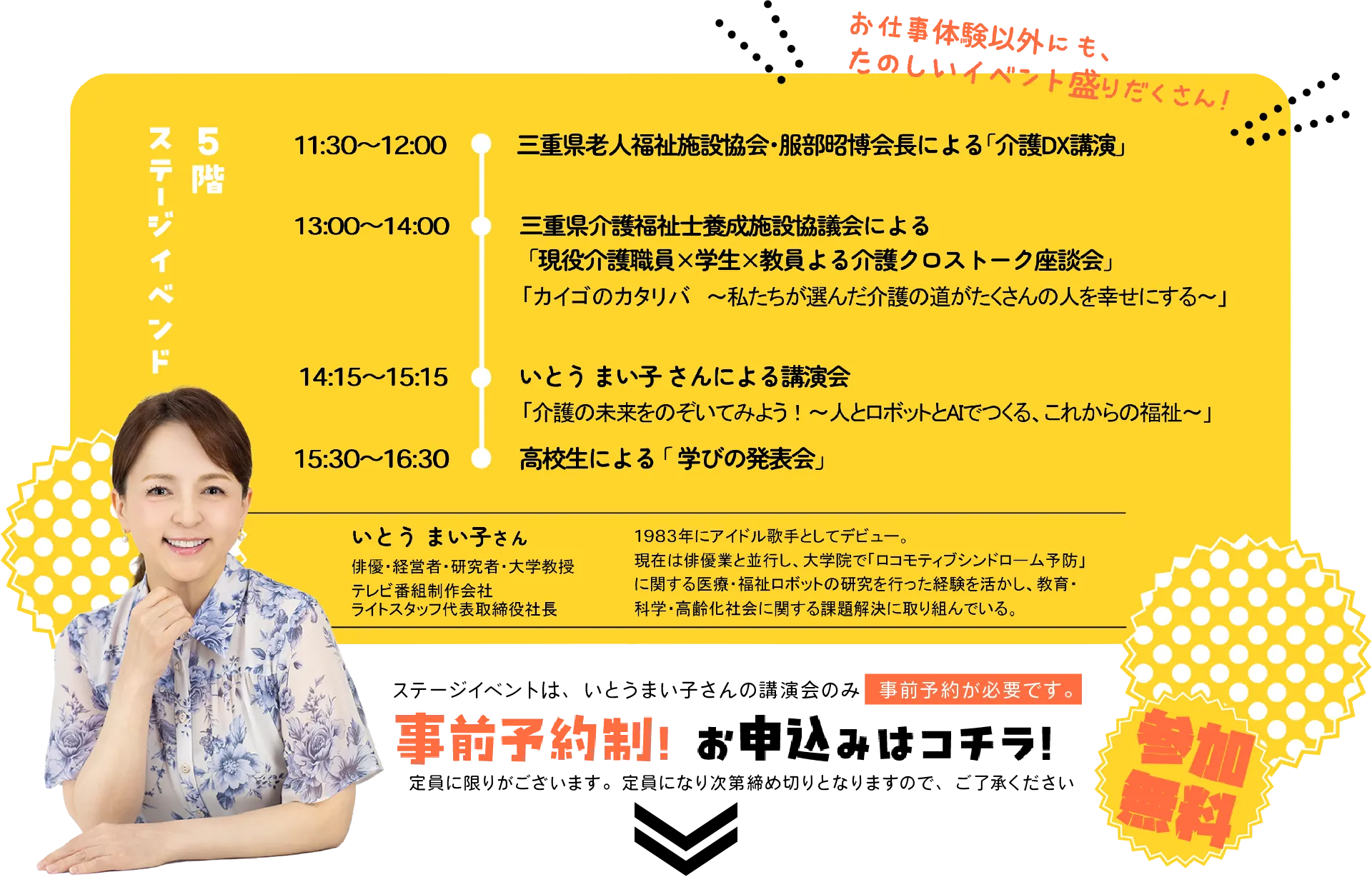 5階ステージイベント:11:30〜三重県老人福祉施設協会・服部昭博会長による介護DX講演、13:00〜介護クロストーク座談会、14:15〜いとうまい子さんによる講演会「介護の未来をのぞいてみよう!」、15:30〜高校生による学びの発表会。参加無料・事前予約が必要です。